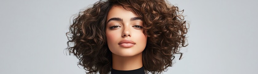 Fototapeta premium Highquality curly wig in natural tones, styled with tight ringlets, glowing softly on a dark pedestal