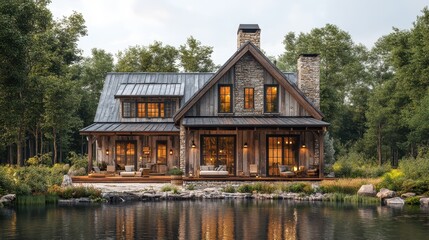 Obraz premium A rustic barn converted into a cozy residence with warm lighting.