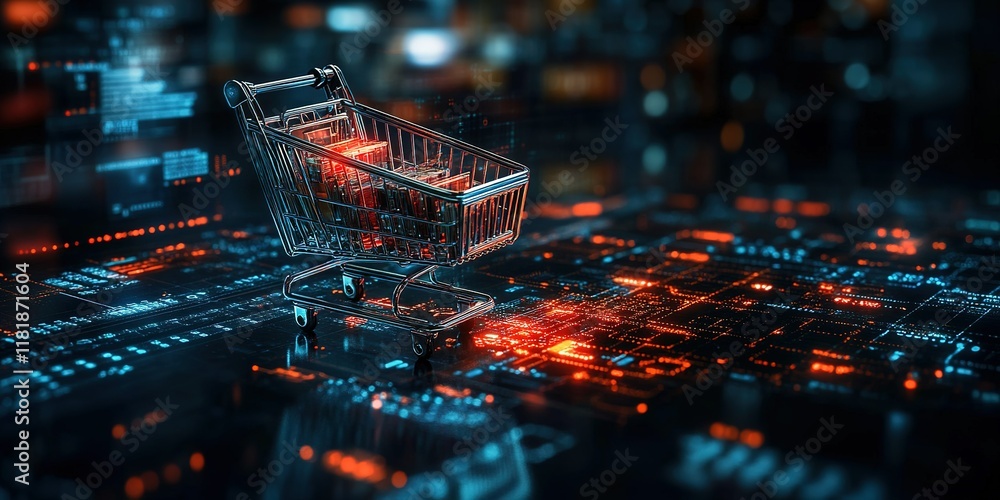 Poster digital shopping cart moving through a virtual landscape filled with glowing data and vibrant colors