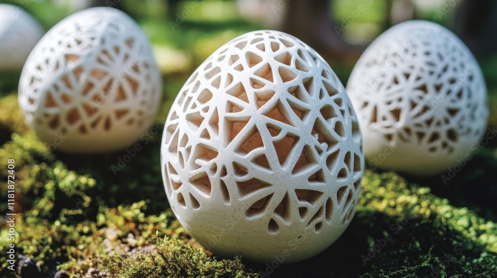 Poster unique stone easter eggs with intricate patterns displayed on a bed of moss in a serene outdoor sett