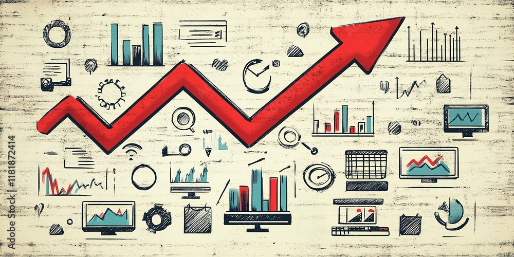 Poster trends in business growth illustrated through various data visualizations and upward arrows on textu