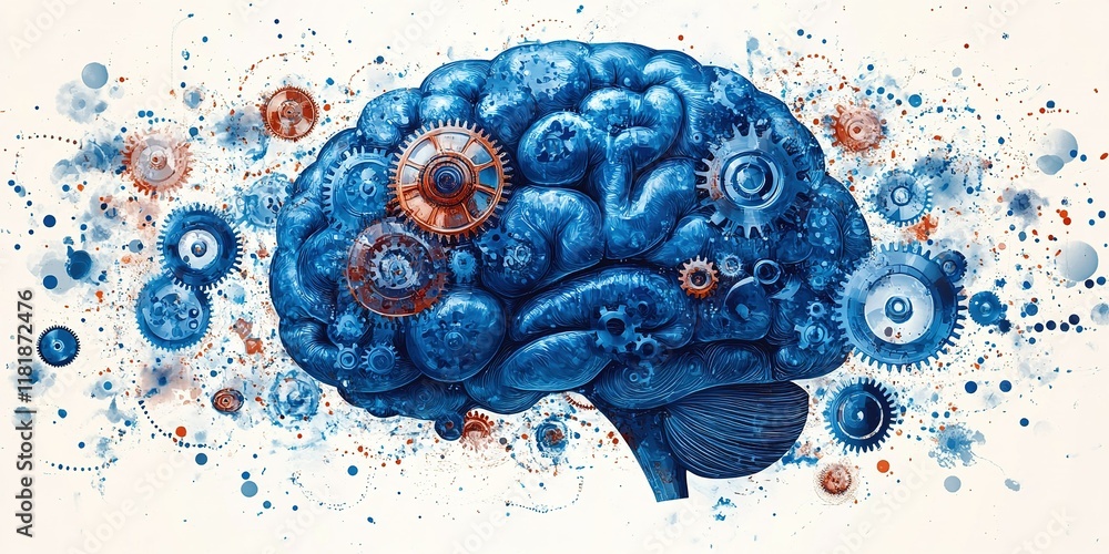 Poster creative representation of a blue brain with gears and abstract elements representing thought and in