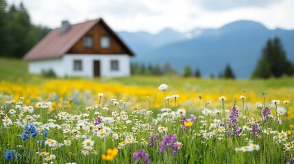 Serene Spring Meadow with Charming Cottage and Blooming Garden Flowers for Home Office Background