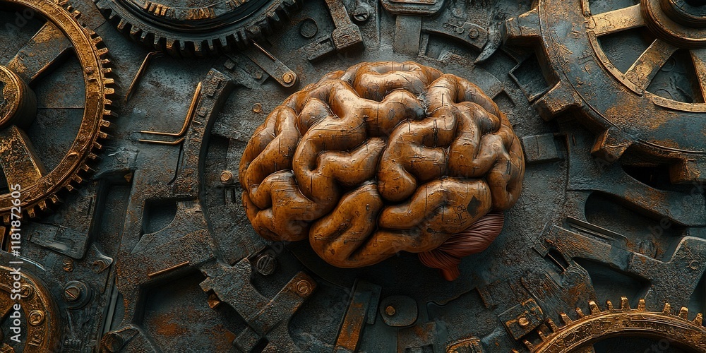 Poster artistic depiction of a brain surrounded by intricate gears representing cognitive processes and mac