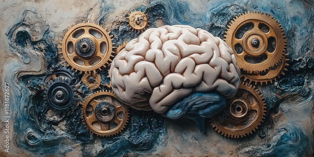 Poster brain with gears symbolizes the connection between intelligence and mechanical processes in a creati