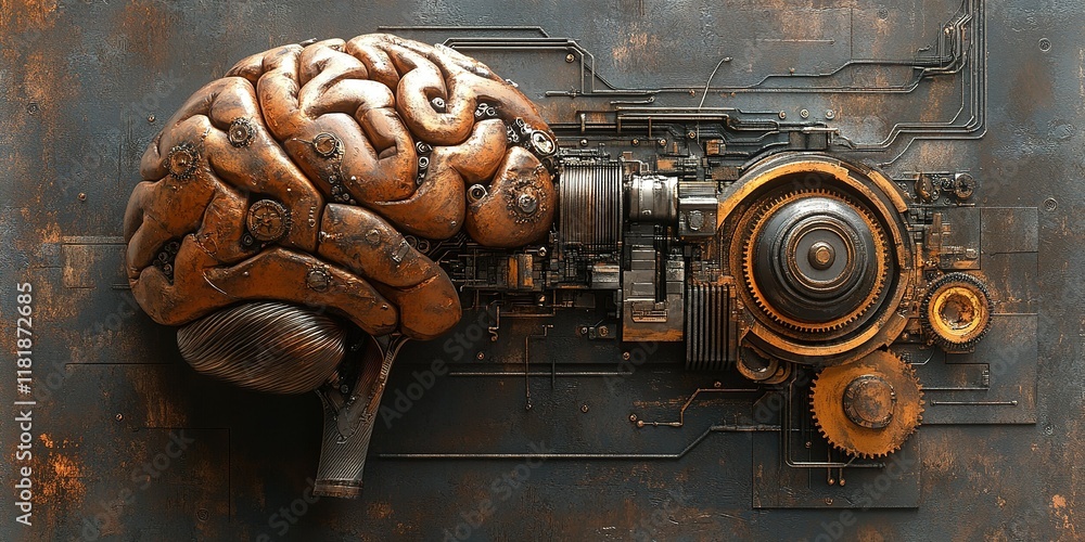 Poster creative artwork of a mechanical brain merging technology and human thought processes in an abstract