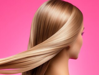 Fototapeta premium Long, silky hair extensions arranged in an intricate braid, resting on a reflective platform, soft golden lighting