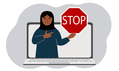 A woman holding a red stop sign in a laptop screen. Virus, attack, error, account or page deletion. Vector flat illustration