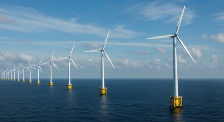 Image is a high-resolution, panoramic photograph showcasing a series of offshore wind turbines.