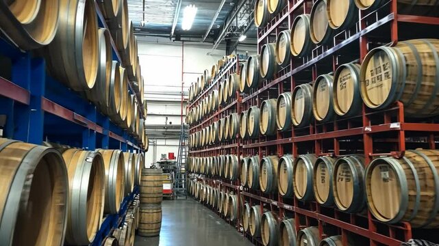 Large warehouse filled with aging barrels used for spirits production in a modern distillery setting
