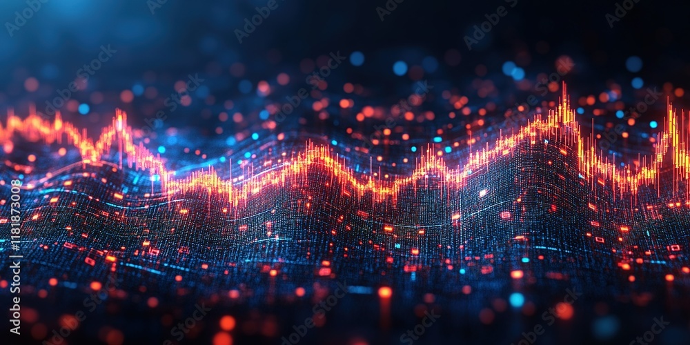 Poster dynamic visualization of digital data with vibrant colors and wave patterns illustrating information