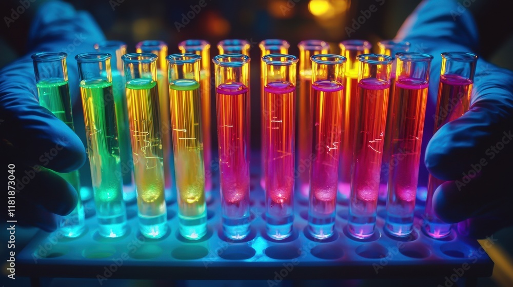 Poster nurse holding a tray of glowing test tubes in a laboratory setting showcasing color standards for sc