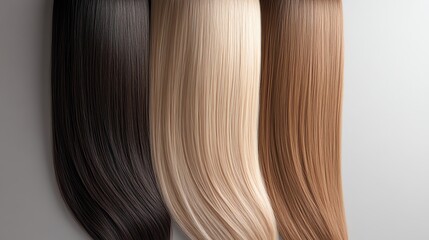 Fototapeta premium Long straight hair extensions, cascading on a glossy black platform, illuminated by soft studio lighting, with realistic color gradients from dark brown to caramel
