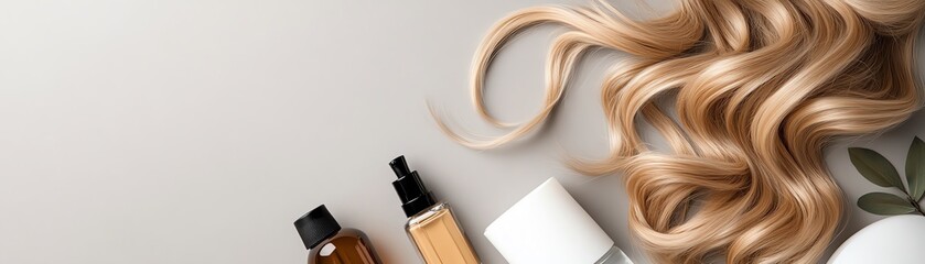 Naklejka premium Long, wavy ombre extensions, transitioning from dark brown roots to golden blonde tips, displayed with salon tools
