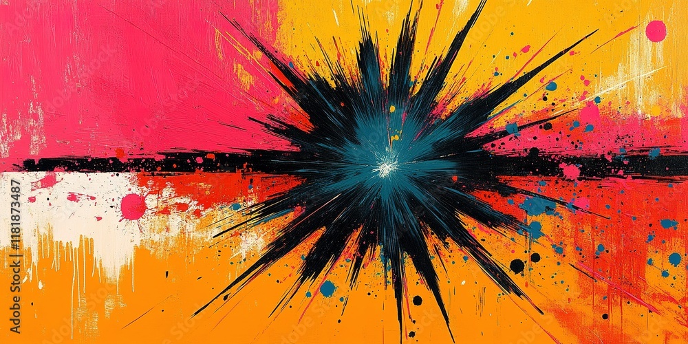 Poster abstract explosion of color with splashes and dynamic shapes across a vibrant background in artistic