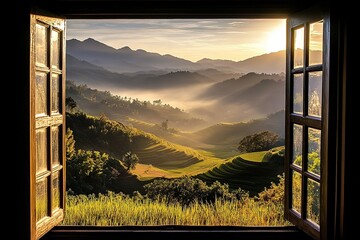 Peaceful Background of Rice Terraces with a Window View in Chiangmai
