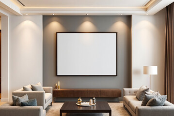 Mockup poster frame on the wall of living room. Luxurious apartment background with contemporary design. 
