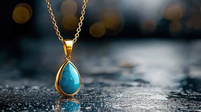 captivating turquoise pendant hanging from delicate gold chain, shimmering beautifully