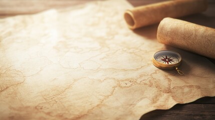 Golden compass lying on vintage world map with two rolled up maps on old wooden desk, planning a travel route using traditional navigation tools