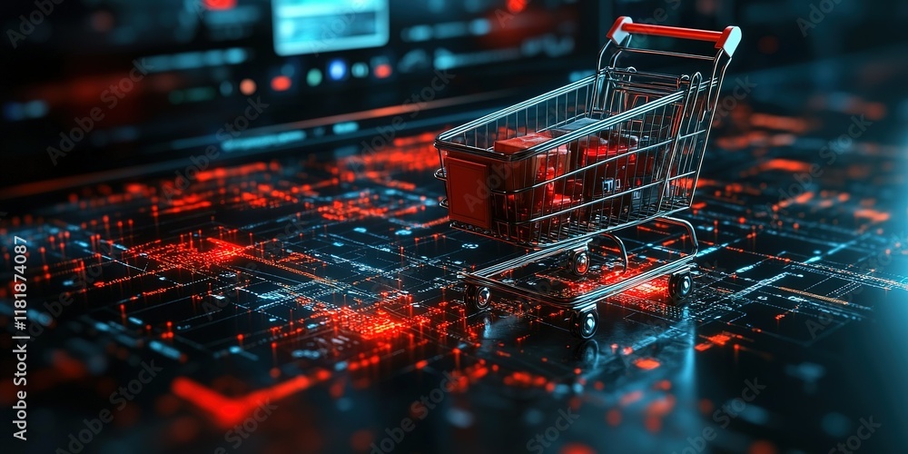 Poster digital shopping cart on a futuristic data background with glowing elements and technology theme