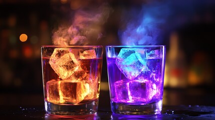 Vibrant cocktails with colorful ice and smoke effects.