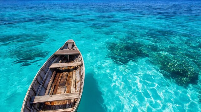 Old Wooden Boat Floating on Crystal-Clear Turquoise Waters in Exotic Tropical Paradise