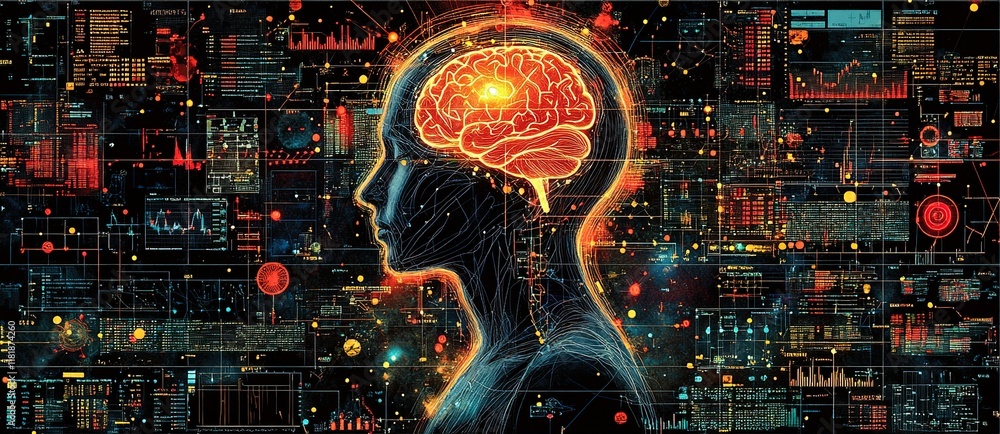 Poster human brain represented with glowing elements against a backdrop of data and analytics, illustrating
