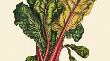 Detailed Vintage Botanical Illustration of Vibrant Swiss Chard
