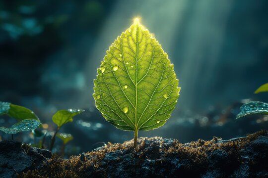 Bright green leaf illuminated by sunlight with water droplets in a serene forest setting - Powered by Adobe
