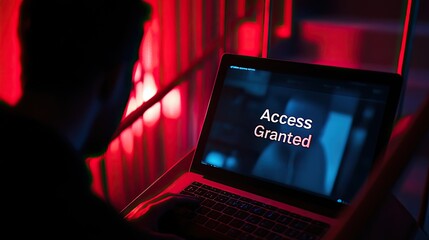 A laptop screen showing "Access Granted" after a security breach, with the hacker's face hidden in shadows, highlighting the risks of cybercrime