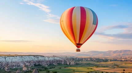 Fototapeta premium Vibrant Hot Air Balloon Soaring Over Stunning Rural Landscape at Sunset