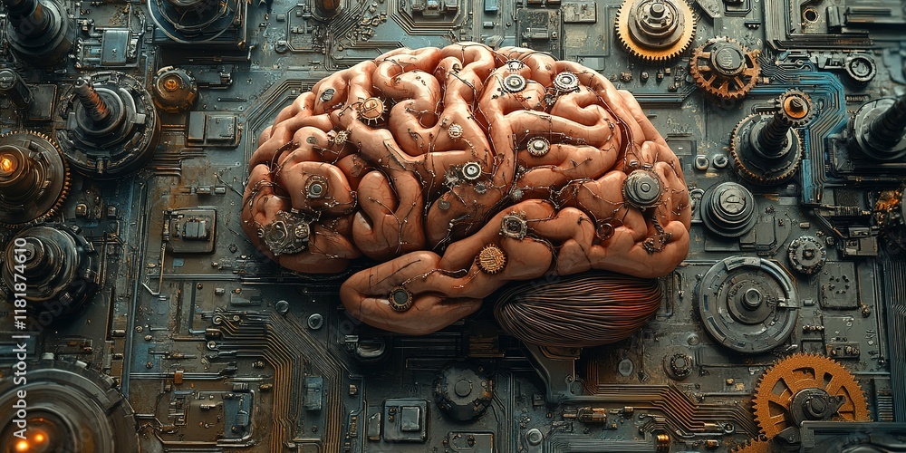 Poster surreal representation of a human brain integrated with mechanical gears and circuits in a futuristi