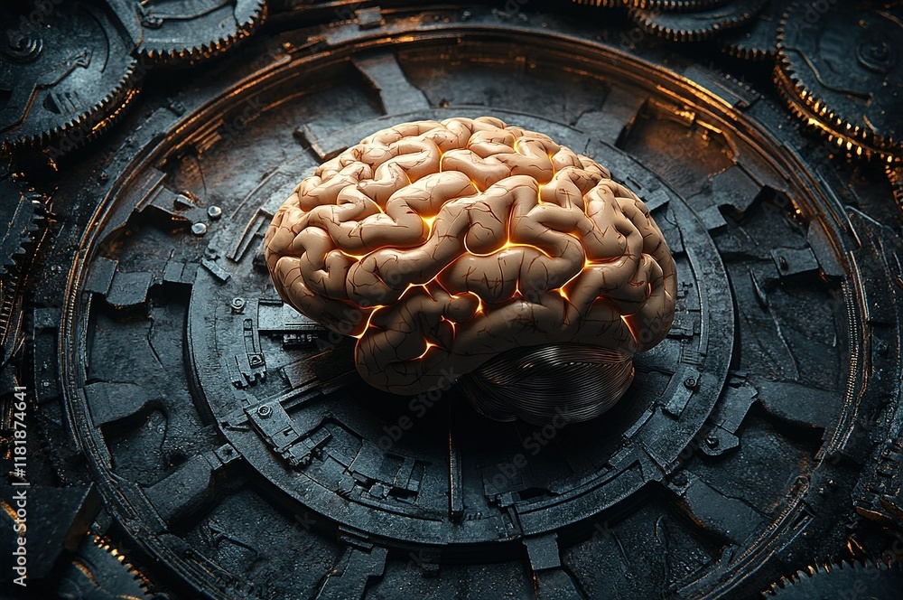 Poster intricate brain design resting on a mechanical surface with glowing details and gears