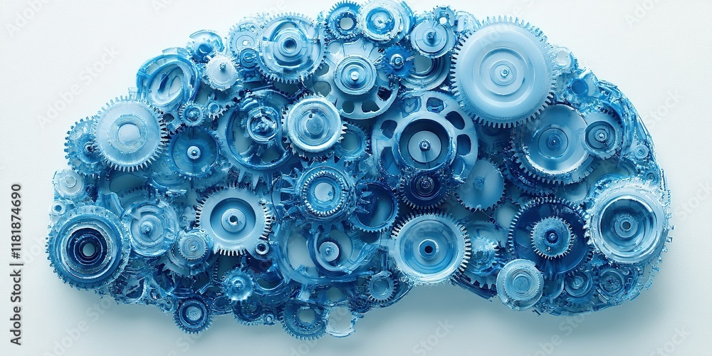 Poster creative representation of a brain made with blue gears and cogs illustrating complex thought proces