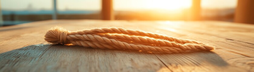 Realistic braided wig, intricately detailed strands, placed on a polished wooden counter, warm light creating depth and texture, vibrant and natural tones