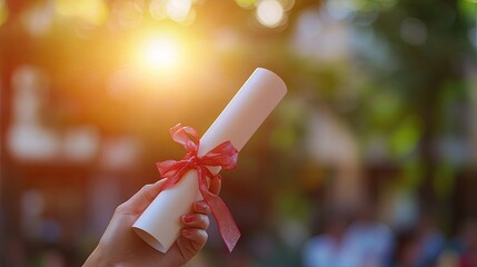 A proud hand holding a rolled-up diploma tied with a ribbon, set against a blurred background of a graduation ceremony, showcasing achievement