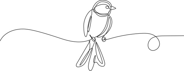 continuous line drawing of single bird sitting on cable or tree branch, line art vector illustration