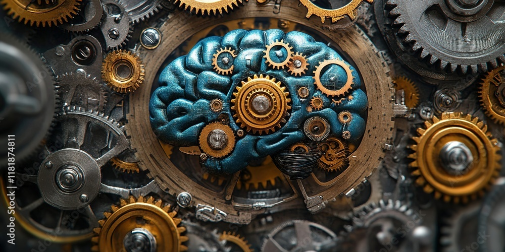 Poster intricate steampunk brain design with gears and metal components in a creative format