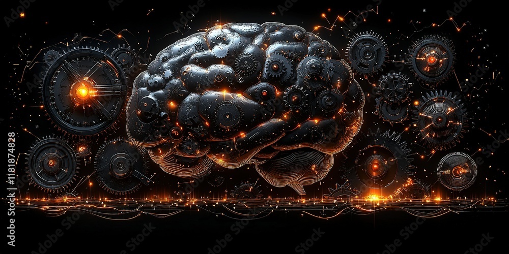 Poster digital brain with gears and glowing elements representing artificial intelligence and technology co