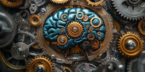 Intricate steampunk brain design with gears and metal components in a creative format
