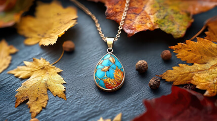 stunning turquoise pendant with autumn leaves, surrounded by fallen leaves. Perfect for nature lovers