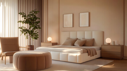 Modern interior japandi style bedroom design Livingroom. Pantone color of the year 2025 Mocha Mousse