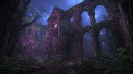 Obraz premium Enchanting Ruins Overgrown with Purple Flowers at Dusk