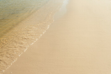 The beach is sandy and has a wave in the water