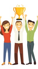 Illustration of peoples holding up the trophy and celebrating success together, flat design vector illustration style