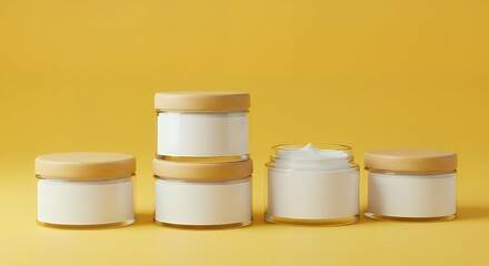A modern style layout with four cylindrical jars of varying sizes placed against a solid yellow background. Each jar is made of clear glass with a smooth, glossy finish.