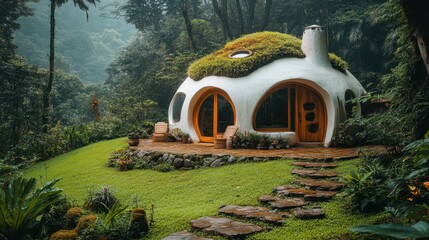 A small, quirky dome-shaped house in a lush green forest.