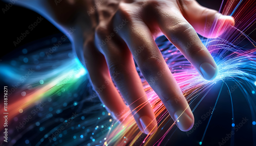 Poster hand interacting with a swirling pattern of multicolored lights and lines new