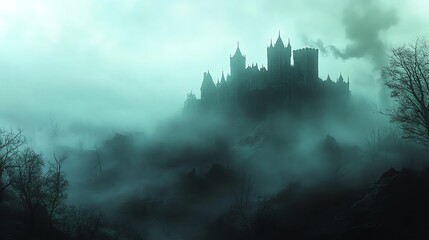 Fototapeta premium A haunting castle emerges through mystical fog, creating an eerie atmosphere at dusk.