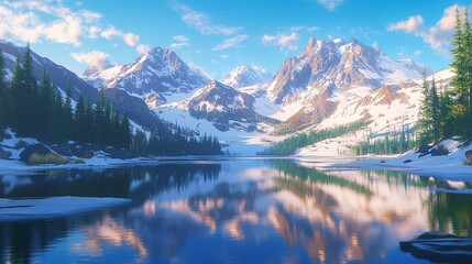 Fototapeta premium A picturesque mountain landscape reflecting in a serene lake under a vibrant sky.